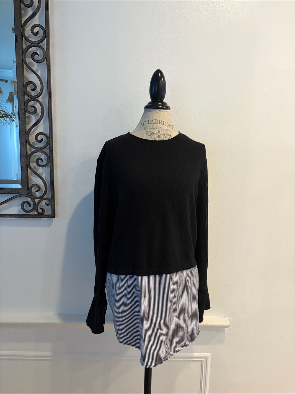 RDI Black Long Sleeve Layered Top with Blue Striped Hem